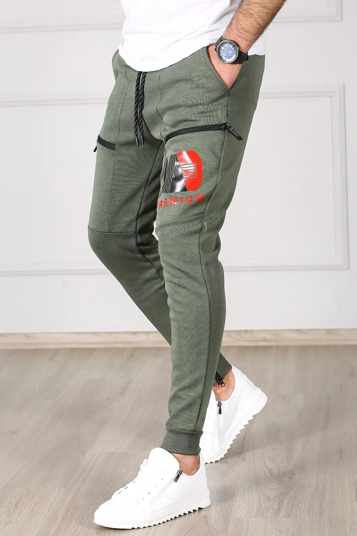 

Men's Khaki Printed Sweatpants Cotton Elastane Slim Fit High Quality Elastic Zippered Long Johns