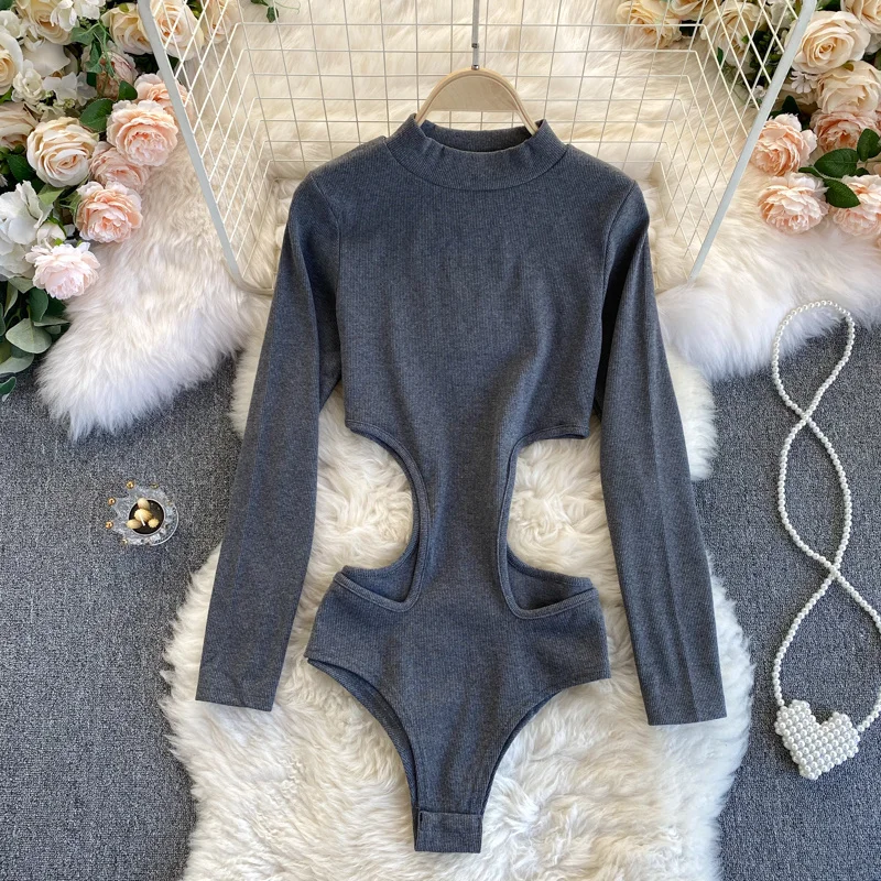 

ssTss Autumn Long Sleeve Bodysuits Solid Stand Collar Body Femme Elegant Hollow Out Waist Slim Bodycon Bodysuits