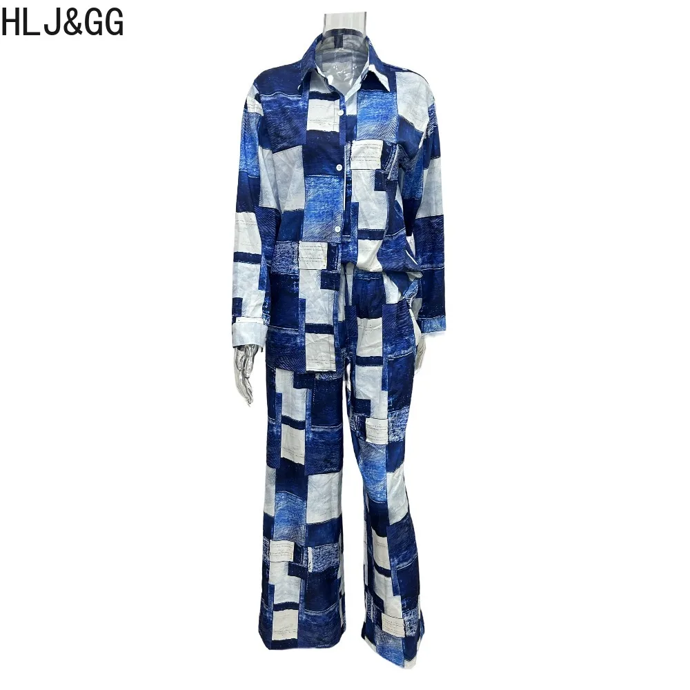 HLJ&GG Casual Autumn Color Plaid Print Two Piece Sets Women Turndown Collar Long Sleeve Shirts+Wide Leg Pants Outfits Streetwear
