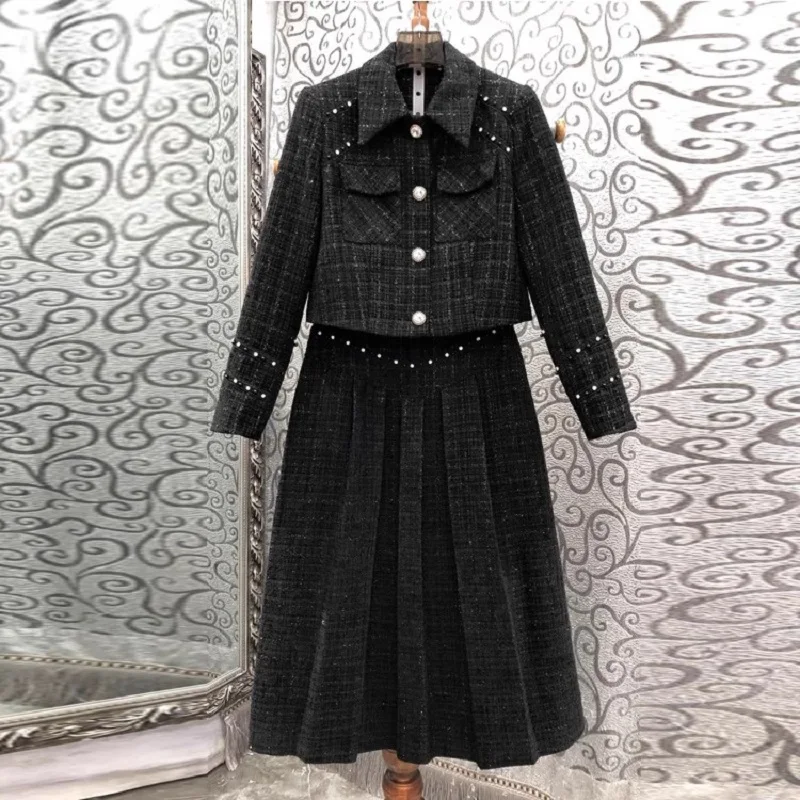 

Top Quality New Wool Skirt Suit 2023 Winter Women Beading Deco Long Sleeve Wool Coat Jacket+High Waist Long Wool Blend Skirt Set