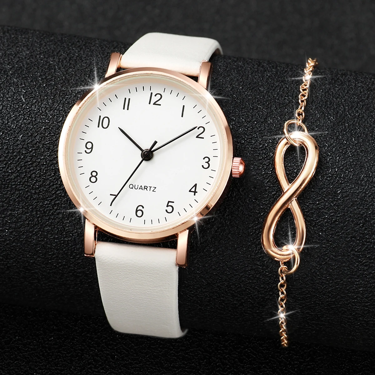 4Pcs/Unisex Set Fashion Leather Band Women Quartz Watch With Double Bracelet Set 2