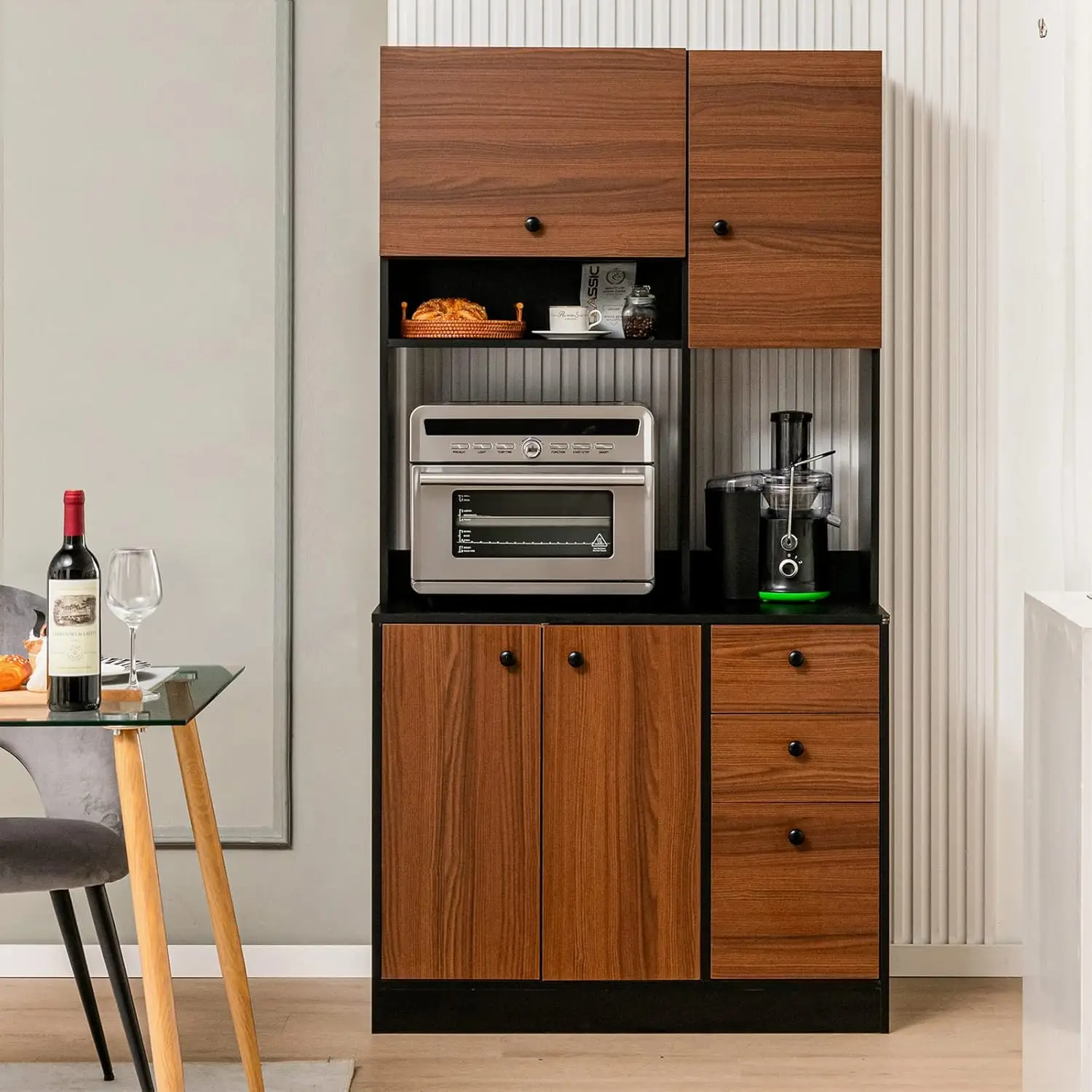 Kitchen Pantry Storage Cabinet Freestanding Buffet Hutch Doors Adjustable Shelves 3 Drawers Microwave LOKO 71&rdquo;