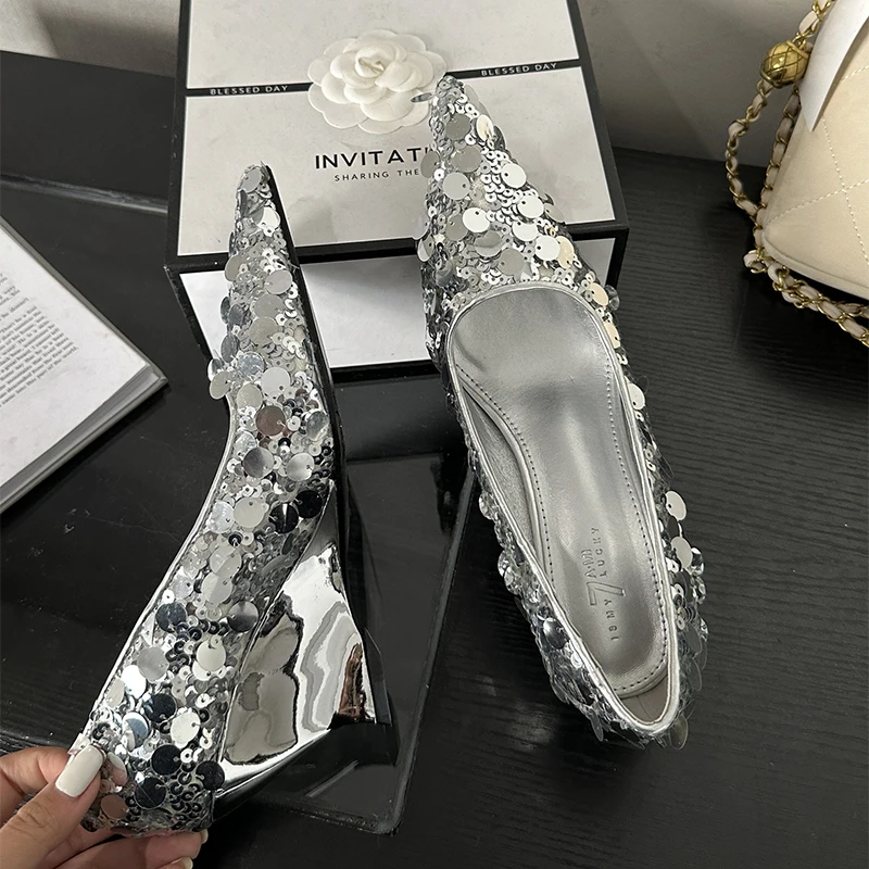 

Italian Design Luxury Women's Pumps Pointed Diamond Decoration Metal Shoes For Women Sandals Party Slippers Rhinestone Sequin
