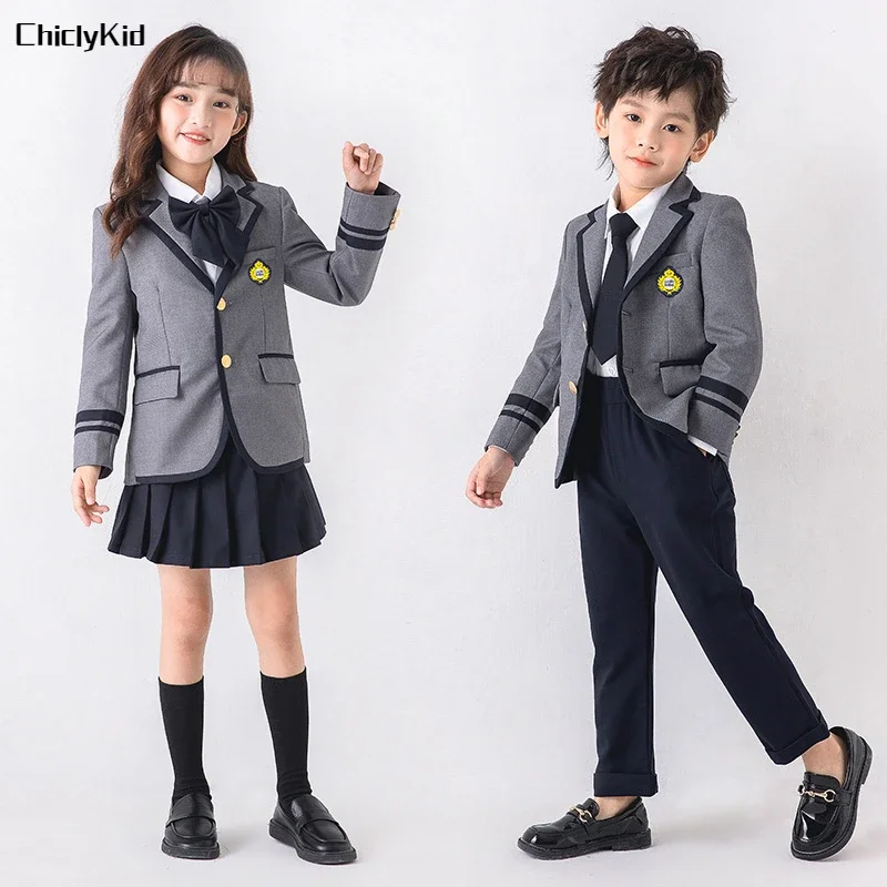 Child School Uniform Girls Korean Japanese Navy Jacket Pleated Skirt Boys Formal Dress Suits Kids Student Clothes Class Sets