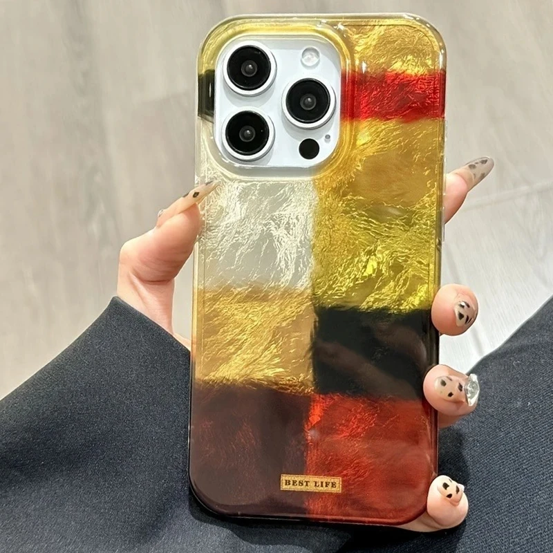 Dopamine Color Block Plaid Matte Phone Case with Grid Label Design
