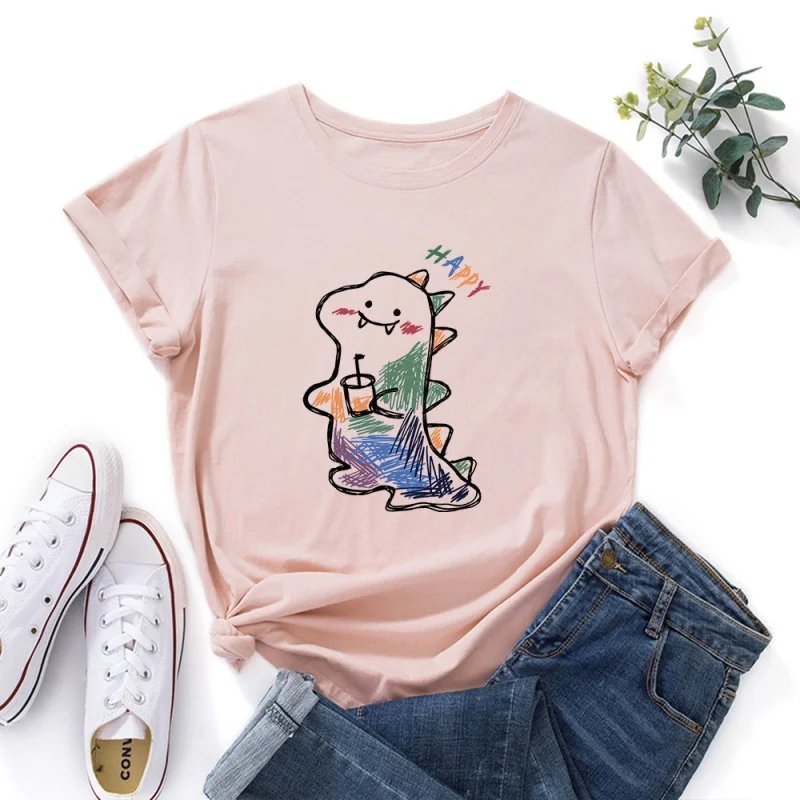 

Cartoon Dinosaur Pattern Ladies Cotton T-shirt Round neck Loose Casual Short Sleeve Large Size Women's Tops Free Shipping