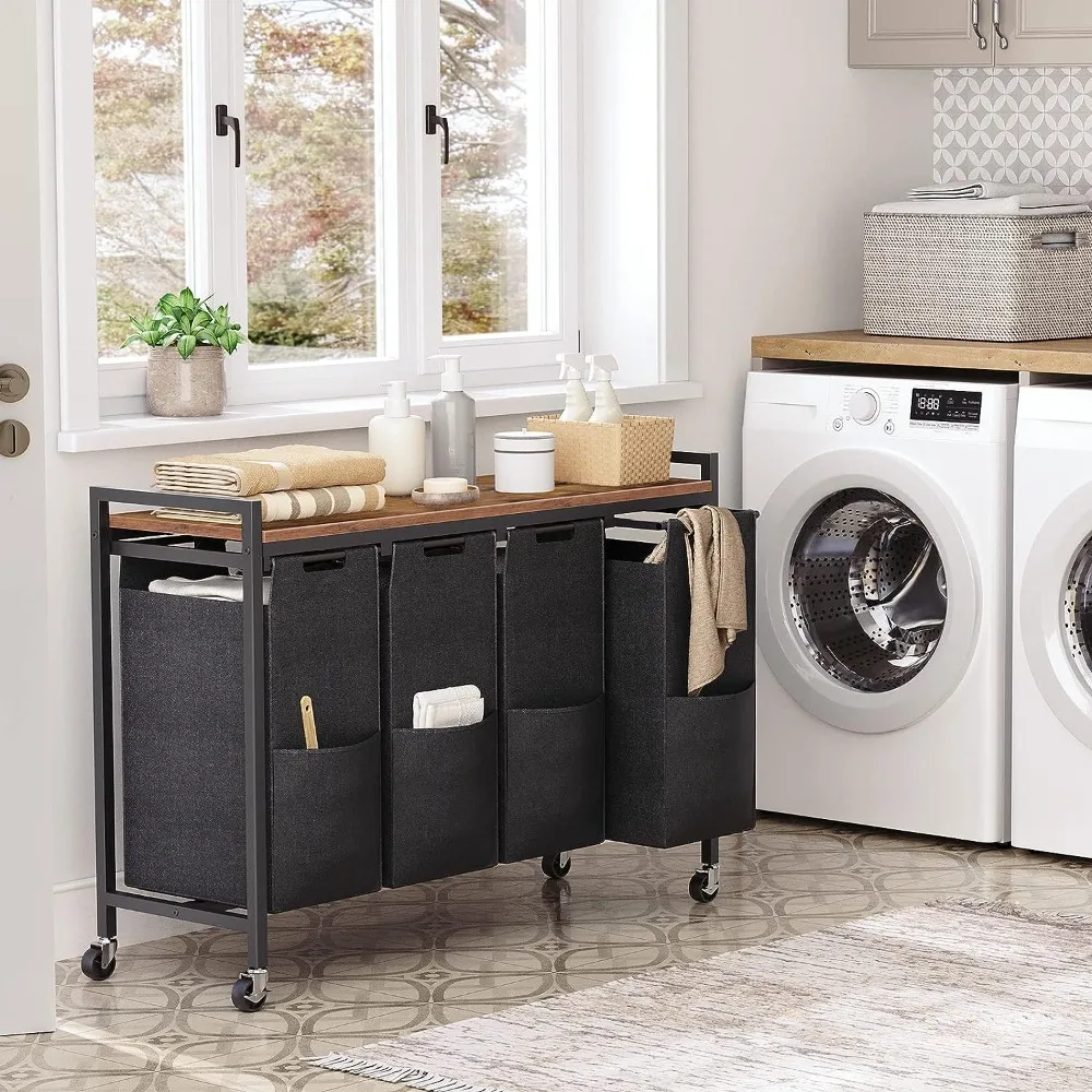 

4 × 10.5 Gal (39.8L) Dirty Laundry Basket Pull-Out and Removable Oxford Fabric Laundry Bags Rolling Cart Storage Organization