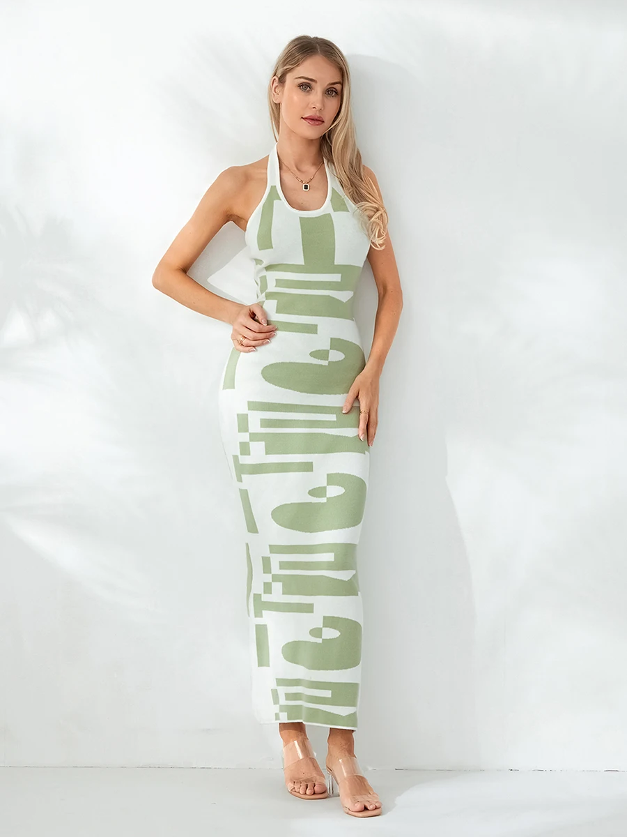 

Women Long Bodycon Dress Fashion Print Tie-Up Halter Neck Sleeveless Dress Summer Backless Party Dress