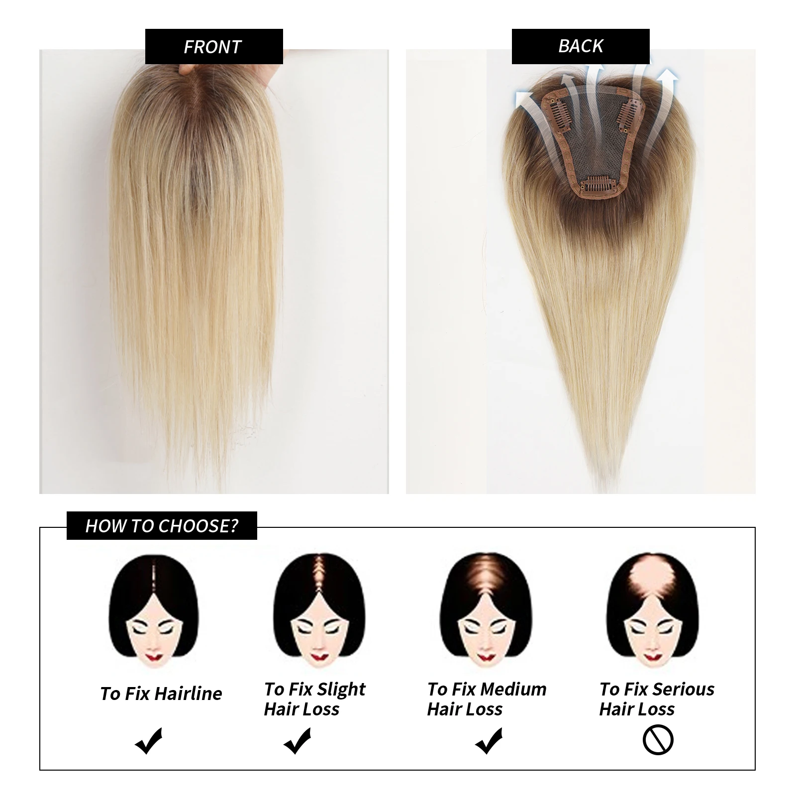 Ombre Blonde Human Hair Toppers with Bangs HairPieces for Hair Loss Remy Human Topper Silk Top Base Extension Overhead