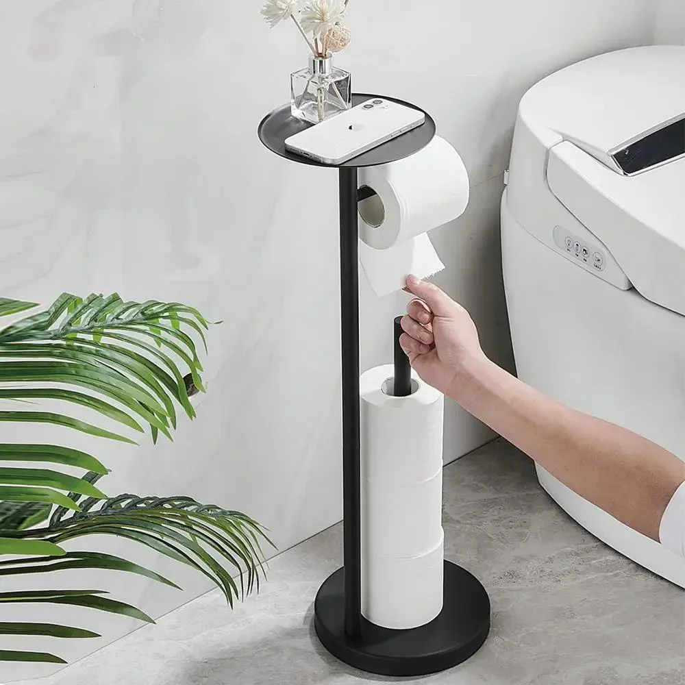 Floor Standing Toilet Paper Holder With Shelf Storage Stainless Steel Black Roll Paper Dispenser Bathroom Organization