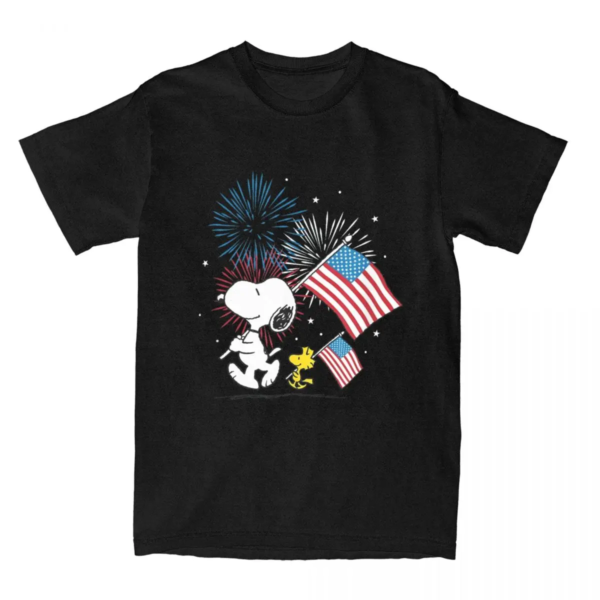 Snoopy Woodstock American Flags Fuochi D'Artificio Magliette Uomo 100% Cotone Vintage T-Shirt Girocollo Peanuts Tees Top Manica Corta