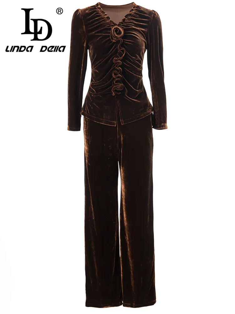 

LD LINDA DELLA Autumn and winter Vintage Designer Set Women's Pleating Top+letter Elastic Waist Straight Trouser 2 Pieces Set