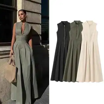 Elegant Sleeveless round Neck French Style Midi Dress Waist Cinched Street Trend Long Skirt Polyester Fabric Pure Color Print 1