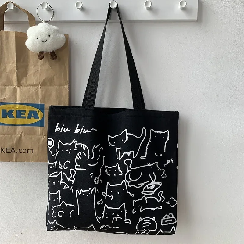 Fashionable Cartoon Cat Canvas Bag Women's Zipper Handbag Cute Line Cat Shopping Bag Japanese Style Large Capacity Canvas Bag