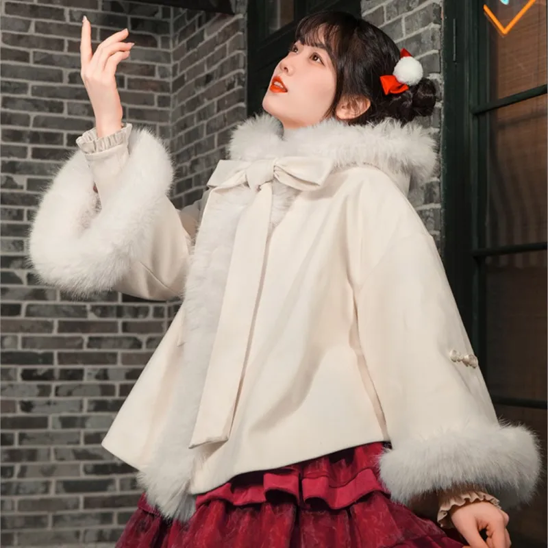 Shuxue Coat Original Design Chinese Style Beige Loose Fleece Hooded