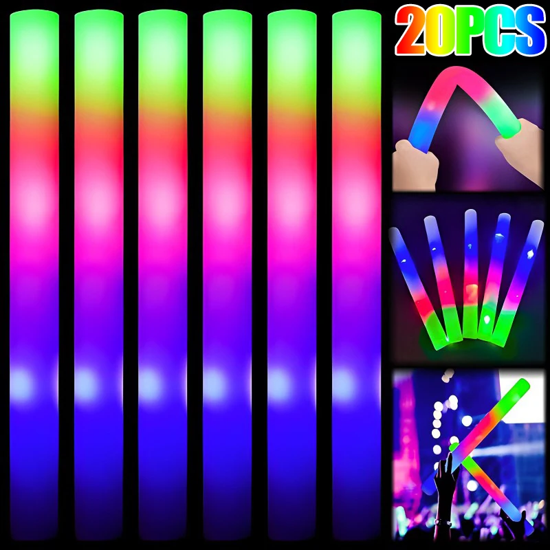 20pcs Glow Foam Sticks RGB LED Glow Sticks Light Up Cheer Tube Colorful  Flashing Luminous Wands Pool Wedding Party Supplies - AliExpress