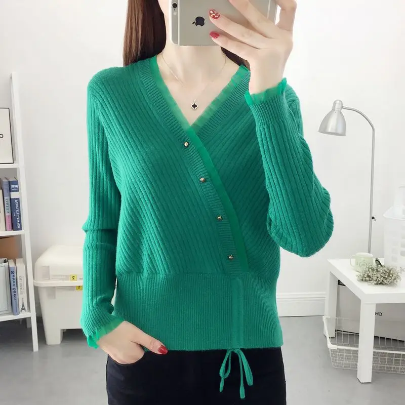 

Stylish V-Neck Knitted Button Spliced Lace Lace Up Irregular Sweater Women Clothing 2022 Autumn New Casual Pullovers Loose Tops