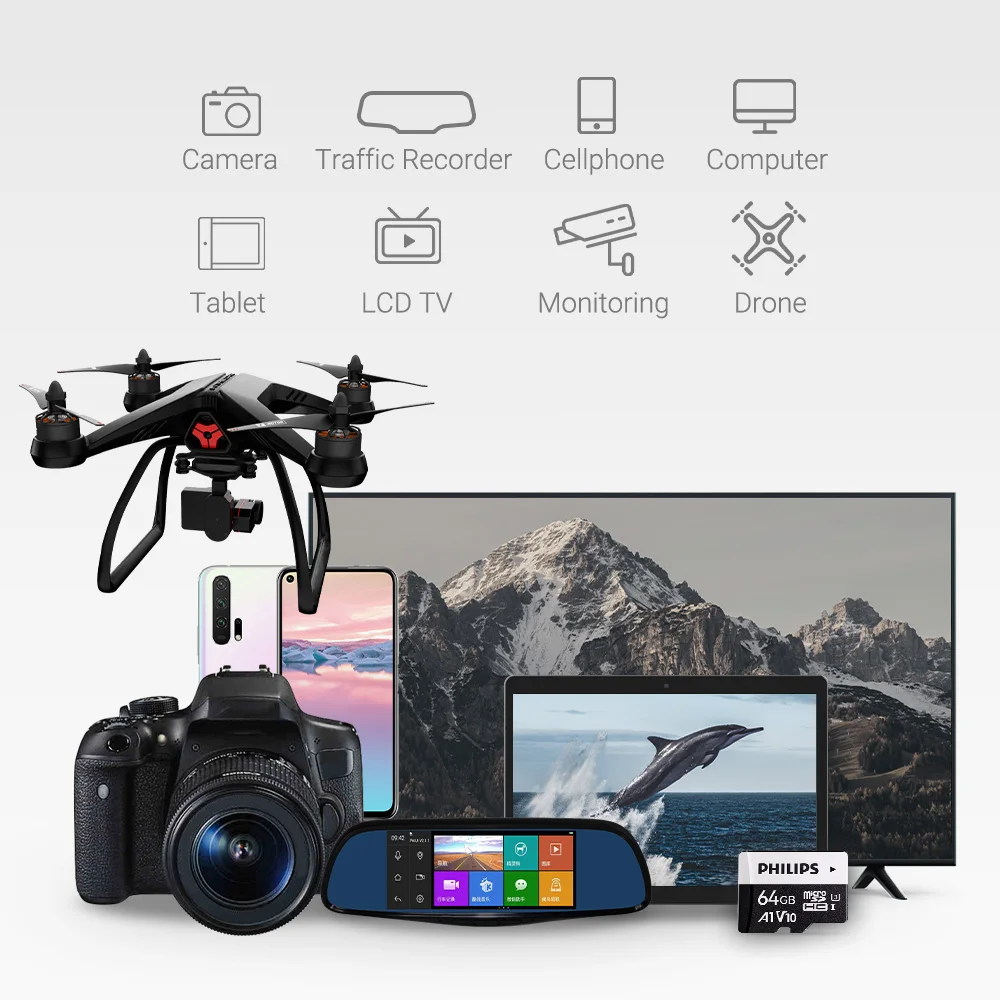 PHILIPS 캠, DJI 포켓 및 드론용 고속 메모리 카드, 마이크로 SD 카드, U3 SDXC, 128GB, 최대 100 MB/s