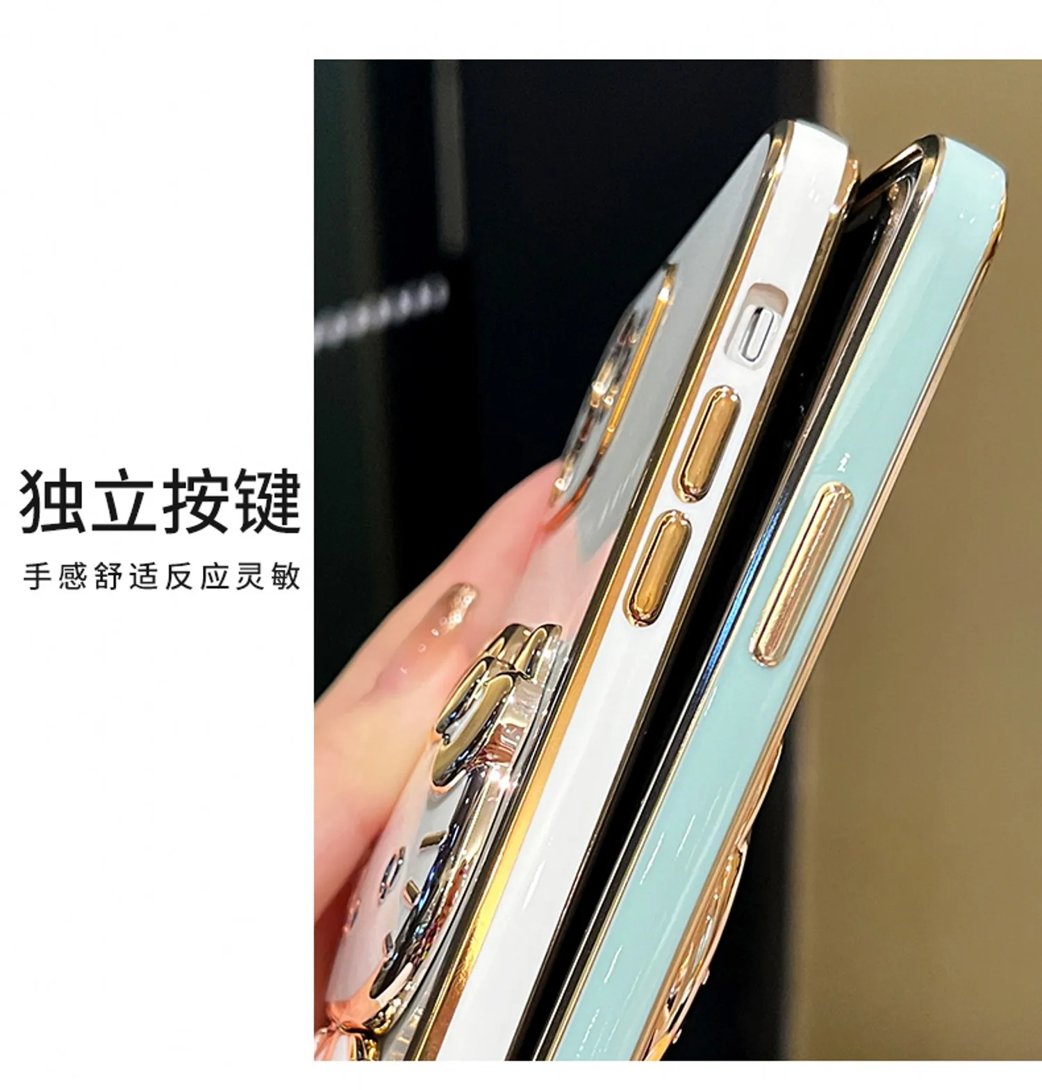 Bunny Phone Case With Mirror Holder And Flower Strap Plating_voghion.com
