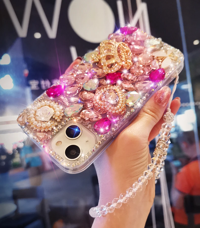 Iphone Case Phone Case Phone Protector Cover Luxury Lanyard Phone Case for iPhone 16 15 14 13 Pro Max 12 11 17 Air 17Pro Max Cover 3D Diamond Crown Cord Telefon Fundas