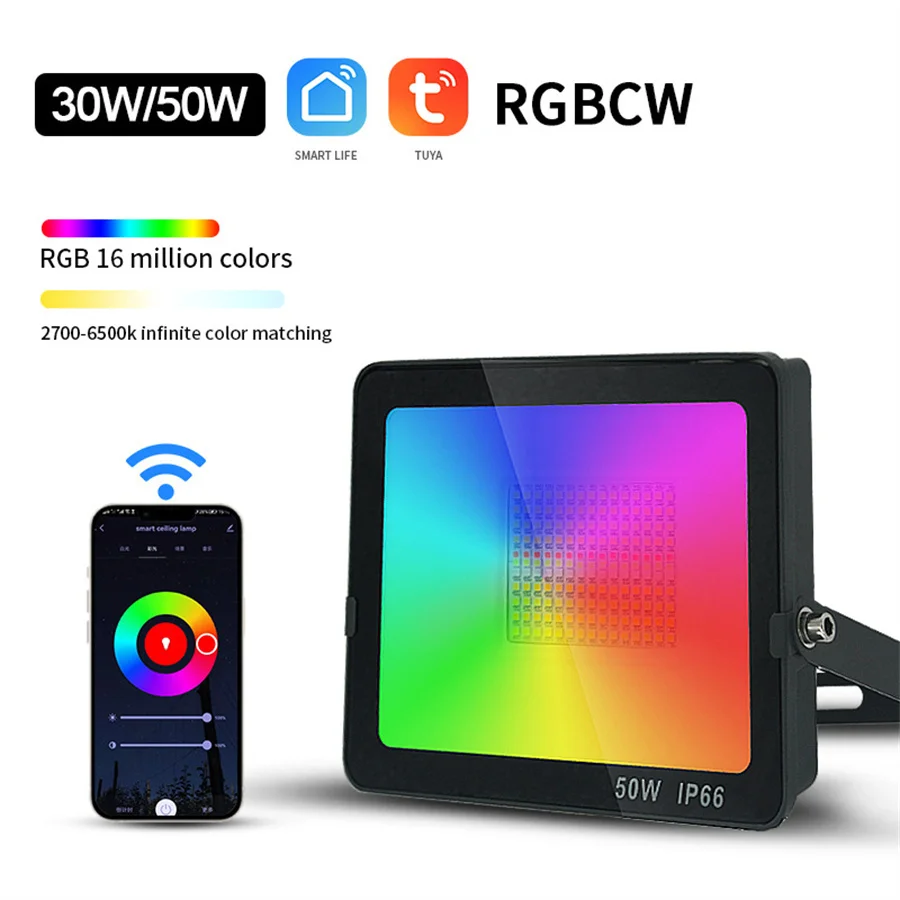 

Tuya Smart Wifi Bluetooth RGBCW Led Floodlight 30W 50W IP66 Waterproof RGB Reflector Wall Lamp Outdoor RGB LED Spotlight