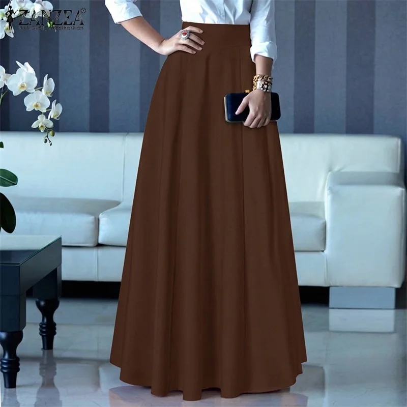 2026 ZANZEA Women Elegant Party Maxi Skirts Spring High Waist Faldas Saia Stylish Long Jupe Solid A-line Pleated Skirt Oversize