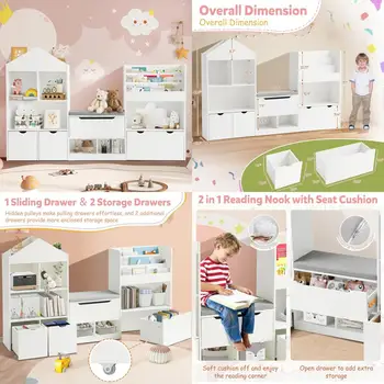 72" Kids Bookshelf with Storage, Bench Cushion & Rolling Toy Box 1