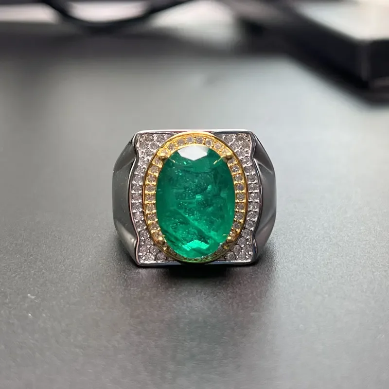 

Silver Gemstone Ring for Men 10mm*14mm Man Made Emerald Color Crystal Ring 925 Silver Jewelry with 3 Layers 18K Gold Plating