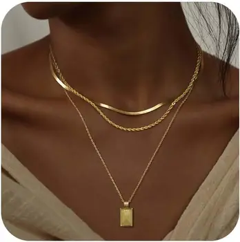 Cefiri 14K Gold/Silver PlatedLayered Pedant Necklaces for Women, Stackable Chain Necklace Trendy Gold Jewelry Set Gifts