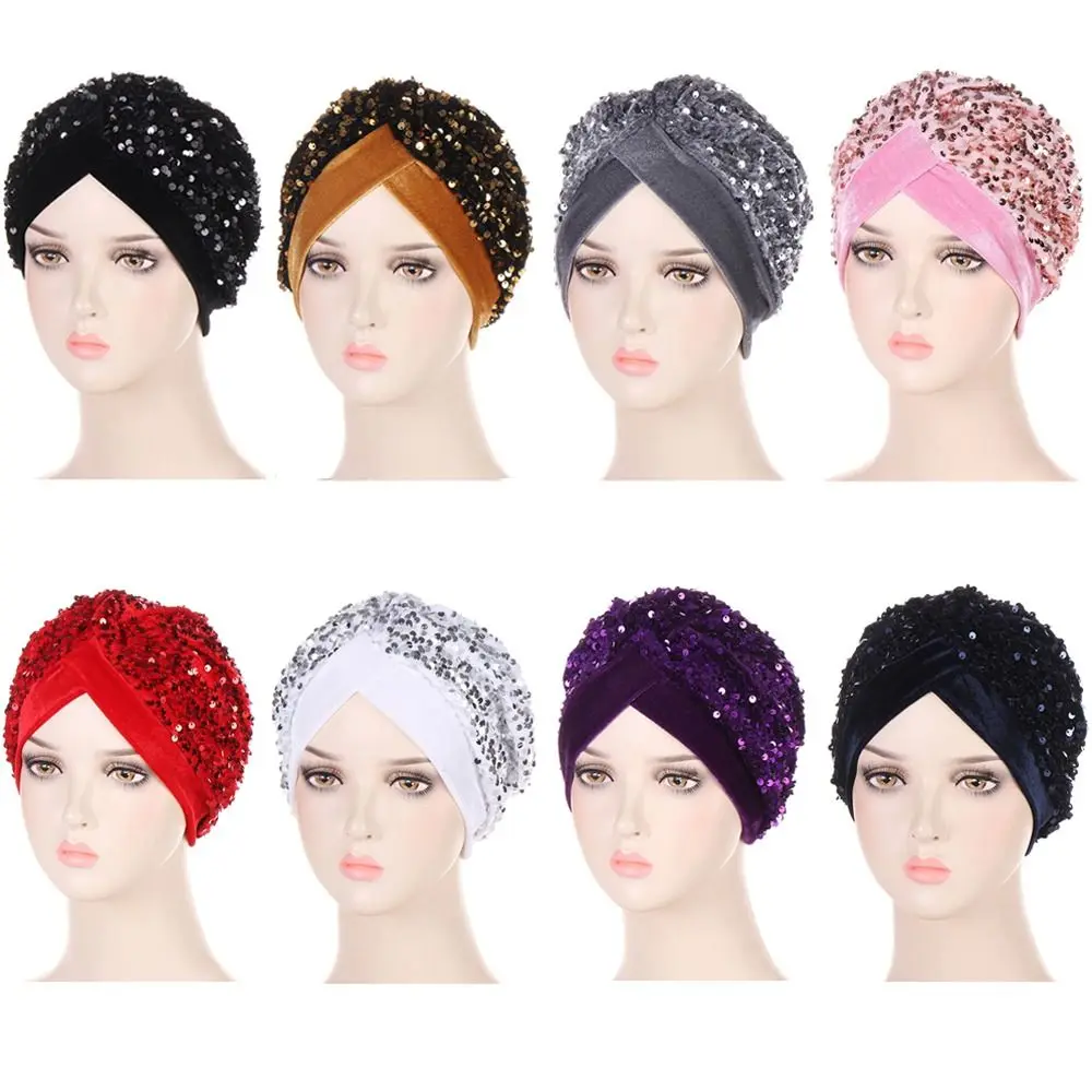 

Elegant Headscarf Stretchy Glitter Sequins Turban Hat Hijab Chemo Cap Head Wraps Muslims Bonnet