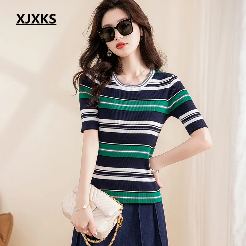 

XJXKS 2023 Summer New Round Neck Women's Striped T-shirt High-quality Mulberry Silk Stretch Fabric Short-sleeved Tops
