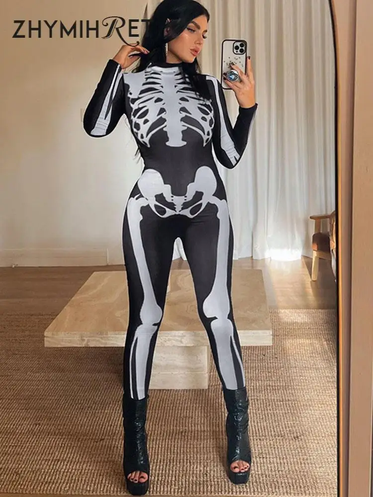 

ZHYMIHR Halloween Devil Skull Ghost Printed Jumpsuit Women Autumn Winter Festival Cosplay Party Performance Scary Costume Romper