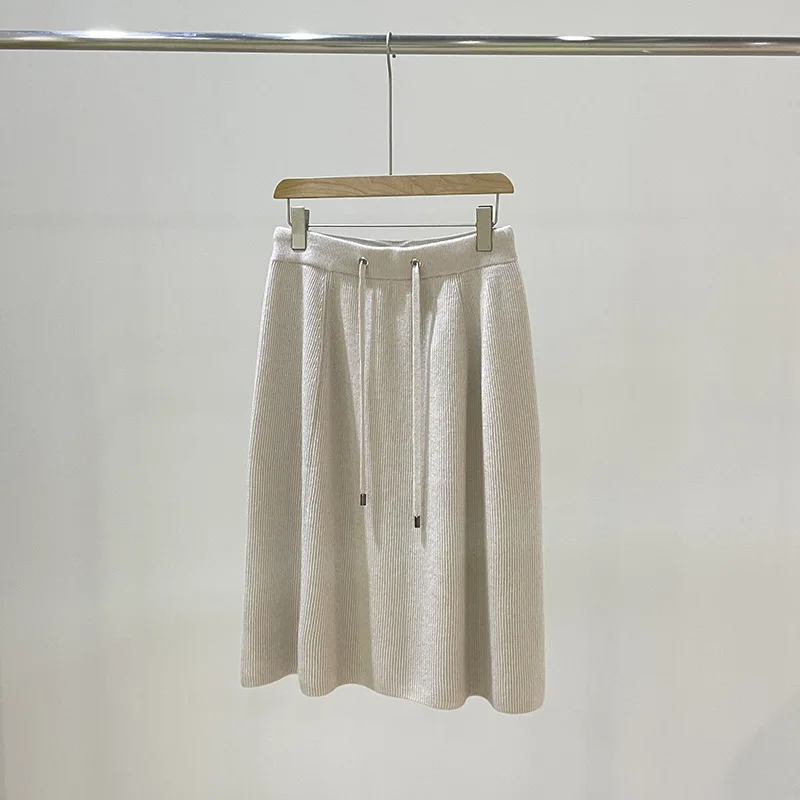 

Early Autumn 2023 New Women A-Line Casual Knitted Skirt Drawstring Fashion High Waist All-Match Female Solid Color Midi Jupe