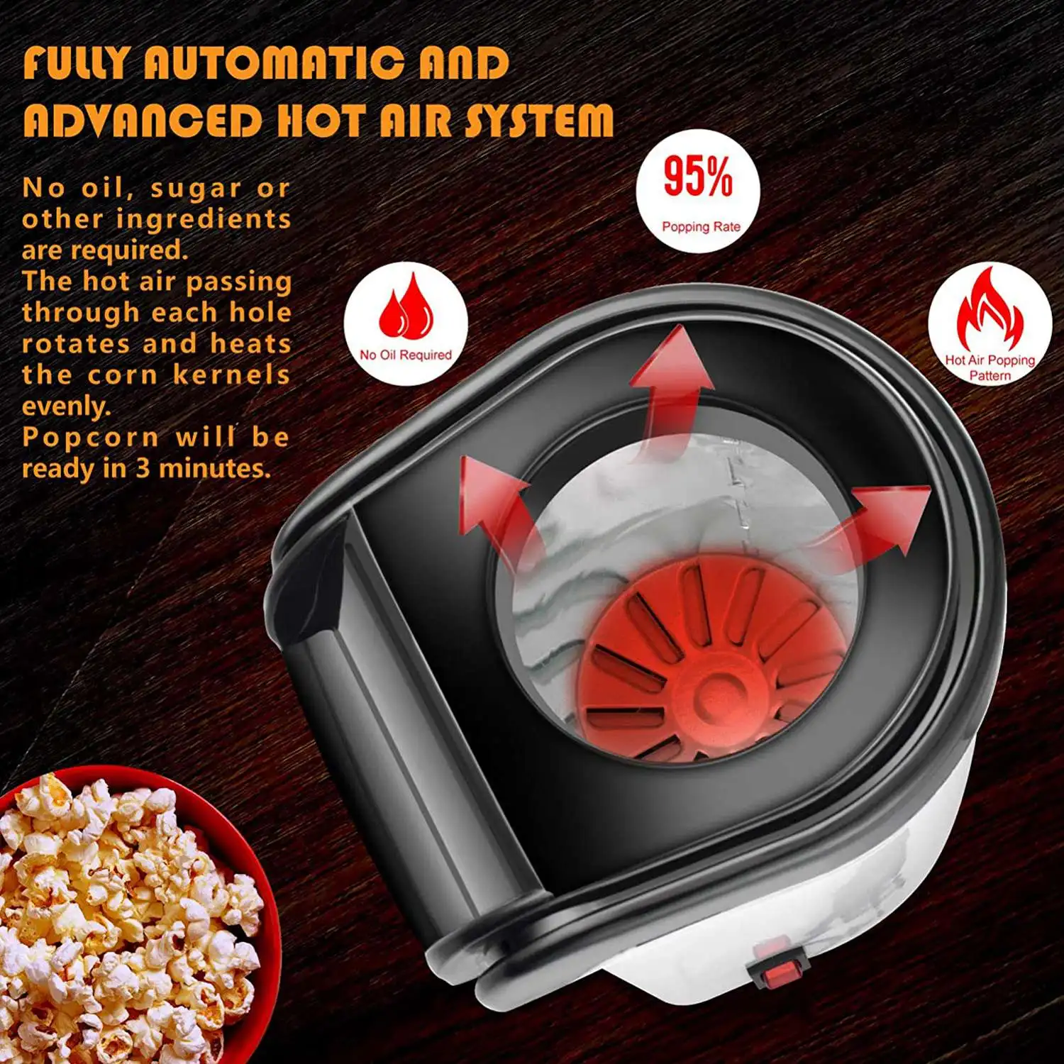 Air Popcorn Popper Maker, Electric Hot Air Popcorn Machine-1200W, Oil-Free US Plug-CKFAM