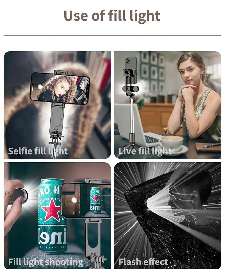 Składany mini statyw do selfie z lampą wypełniającą LED i bezprzewodowym zdalnym wyzwalaczem Bluetooth do smartfonów z systemem iOS i Androidem_voghion.com