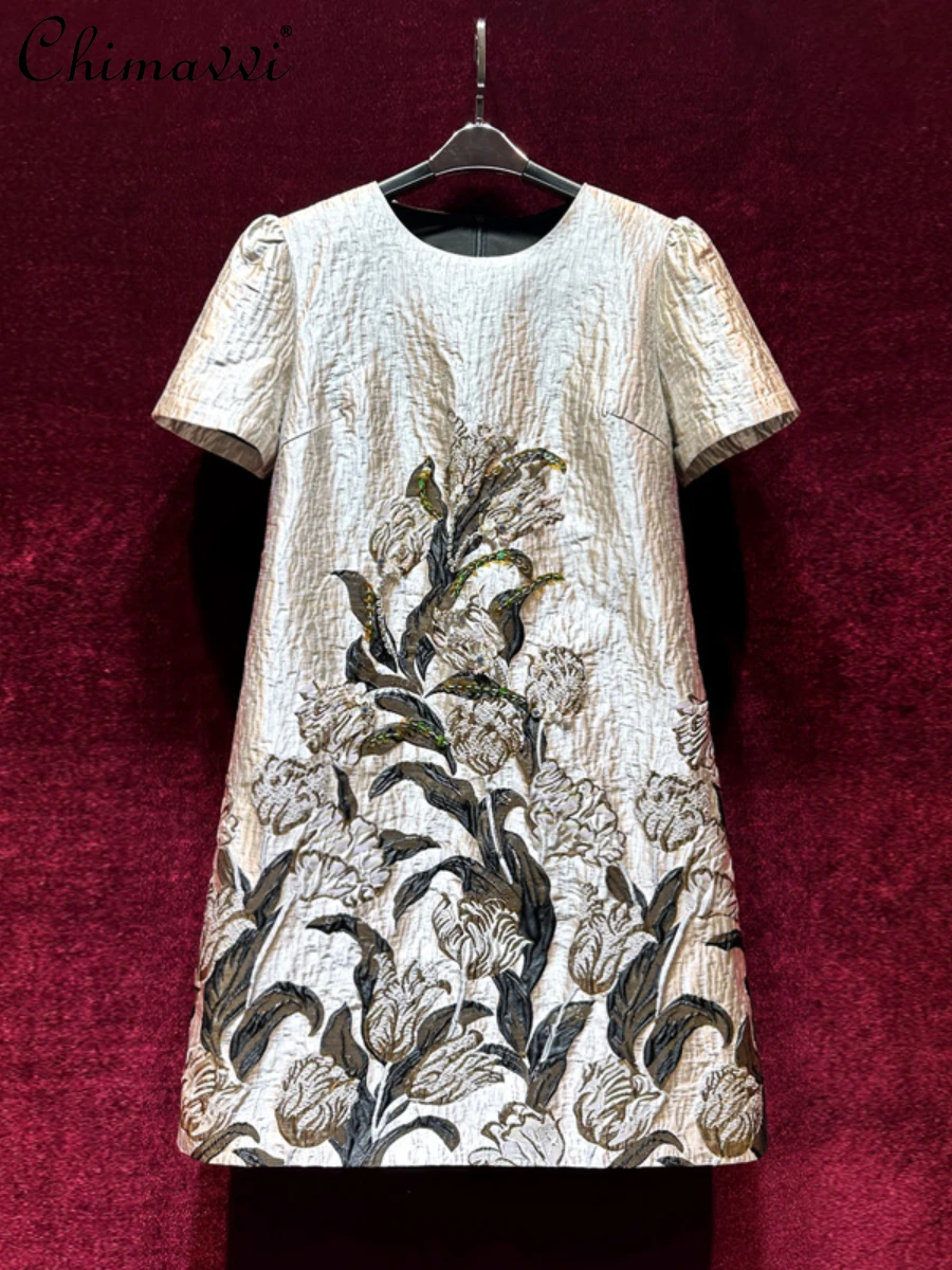 

Женское жаккардовое платье с коротким рукавом, свободное короткое платье с круглым вырезом и бусинами в стиле ретро, облегающее элегантное платье, новинка 2024