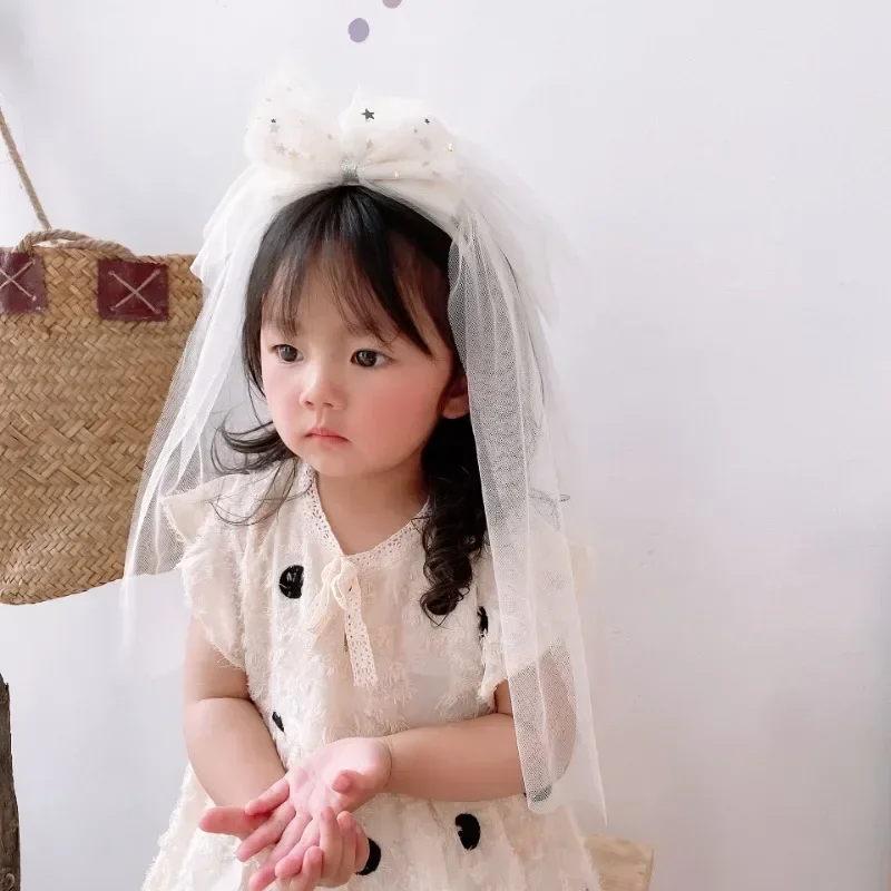 Cute Princess Hairbands for Toddler Girls Retro Veil Bowknot Crown Pearl Hair Hoop Birthday Party Headdress Kids Headwear 3