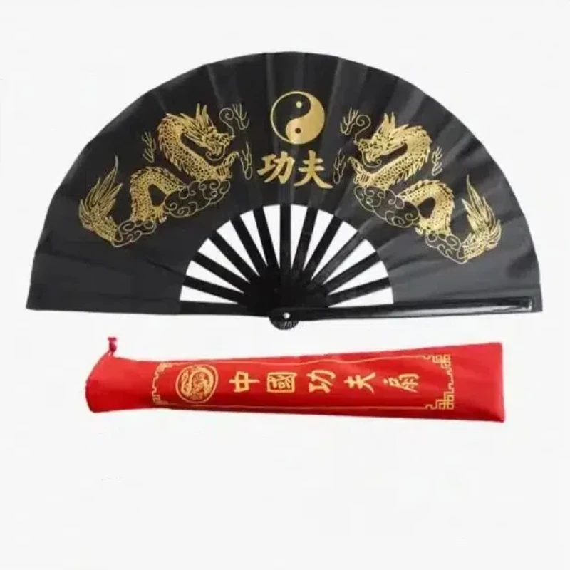 Folding fan Kung fu fan hand fan Chinese Tai Chi fan bamboo ribs double dragon kung fu fold ring fan classical red performance martial arts fitness dancing fans