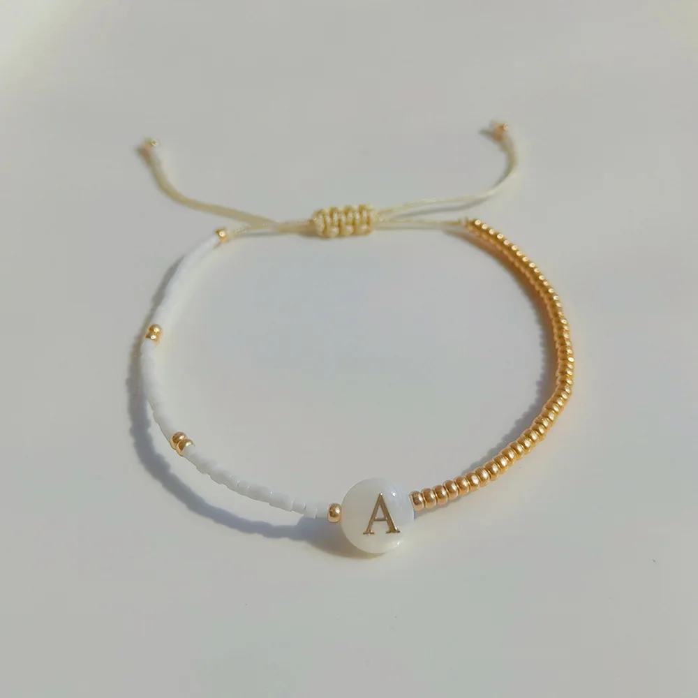 KKBEAD přirozený lastura půvab počáteční A-Z dopis náramek miyuki delica korále zlato barva lahůdka náramky šperků pro ženy pulsera