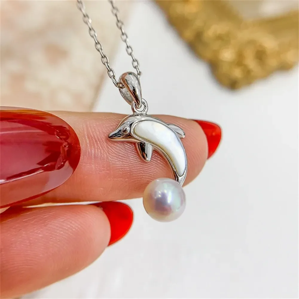 

DIY Pearl Accessories S925 Sterling Silver Pendant with Hollow Dolphin Jade Necklace Set Fit 5-7mm Round Flat Beads D348