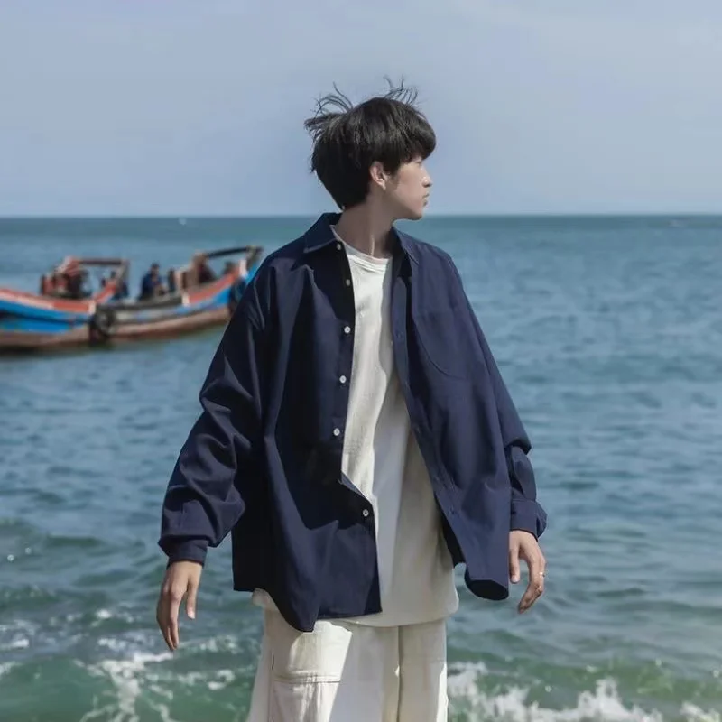 

2023 Men's Fashion Trend Long Sleeve Popular High Quality Shirts Unisex Clothes Autumn Solid Color Casual navy/blue Shirt