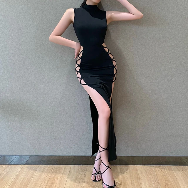 Vestido negro de cuello alto mangas para mujer, vestido ajustado con abertura en la