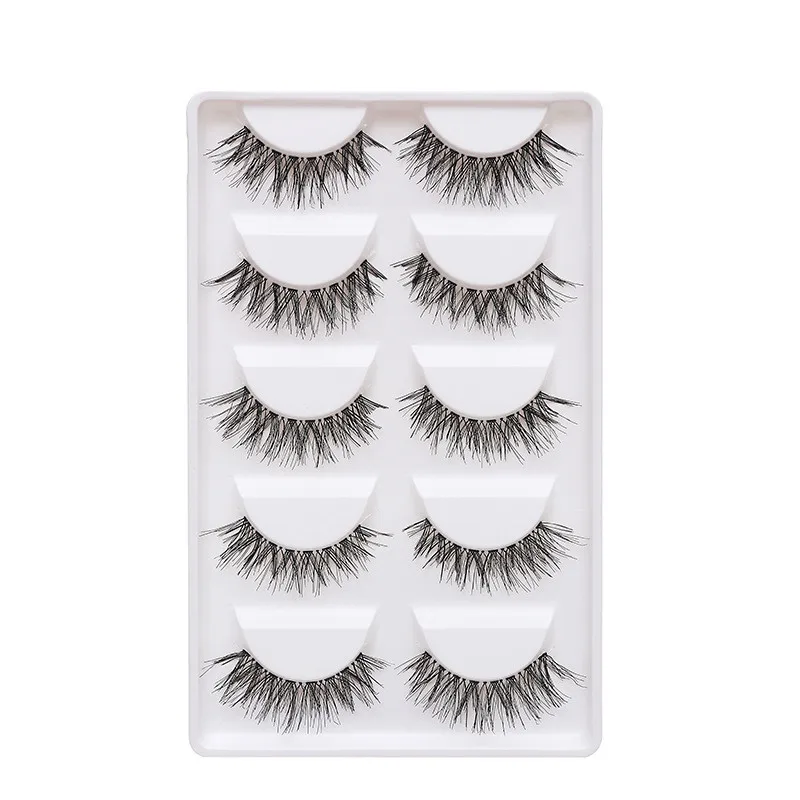 Set of 5 pairs of manga-inspired faux mink lashes for anime cosplay or natural Korean-style makeup, displayed in a soft, full-strip lash tray. 7