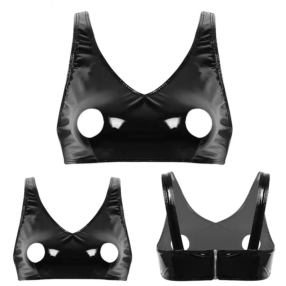 Sexy Womens Patent Leather Hollow Wet Look Cupless Bra Zip Up Crop Tops Wire Free Bralette Open Breast Costume Lingerie Clubwear erotic lingerie,women strapless bras