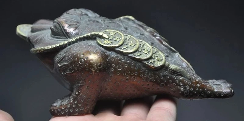 Free shipping 6"old chinese fengshui bronze gilt wealth money coin Toad Bufo Frog lucky statue 6