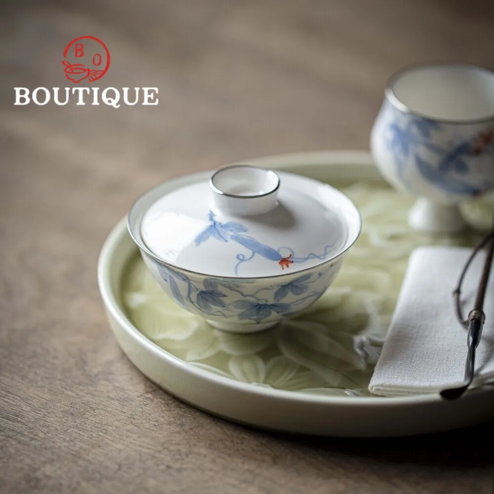 60ml Handpainted Luffa Ceramic Gaiwan Creative Silver Mouth Tea Tureen Thin Body Tea Maker Cover Bowl Cafes Equipment Collection
