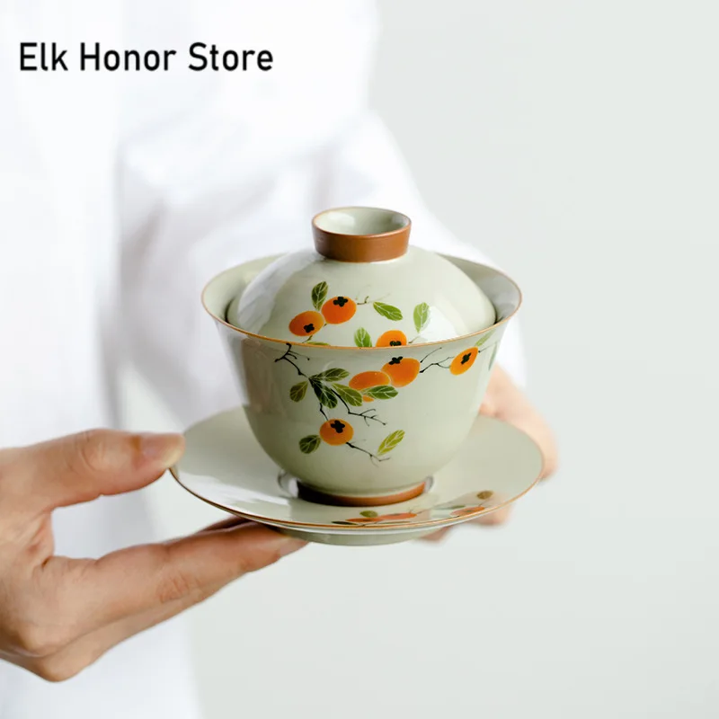 150ml Pure-painted Persimmon Ceramic Sancai Covered Bowl Retro Not Hot Tea Bowl with Lid Tea Maker Gaiwan Kung Fu Teaware Gifts