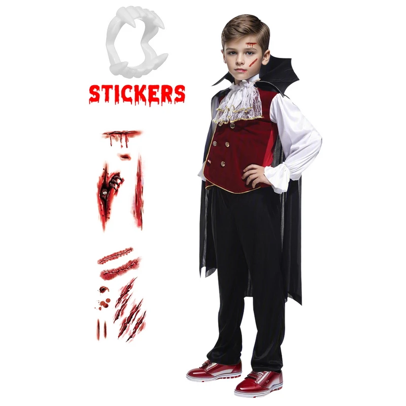 Boys Halloween Vampire Cosplay Costume for Men Kids Adults Carnival Party Outfit Costumes with False Teeth Walking Cane cosplay jumpsuit kids cosplay costume