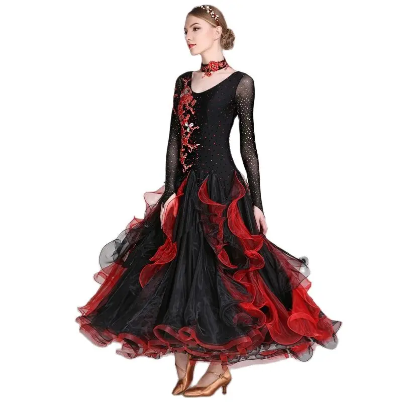 Embroidery V Neck Rhinestones Woman Ballroom Dance Competition Dress Foxtort Dance Costumes Ball Gown Prom Dress