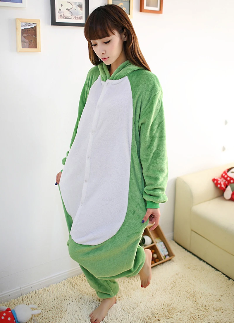 Animal Kigurumi Onesie Women Pajamas Green Frog Funny Flannel Warm Soft Overall Onepiece Nightwear Halloween Christmas Jumpsuits